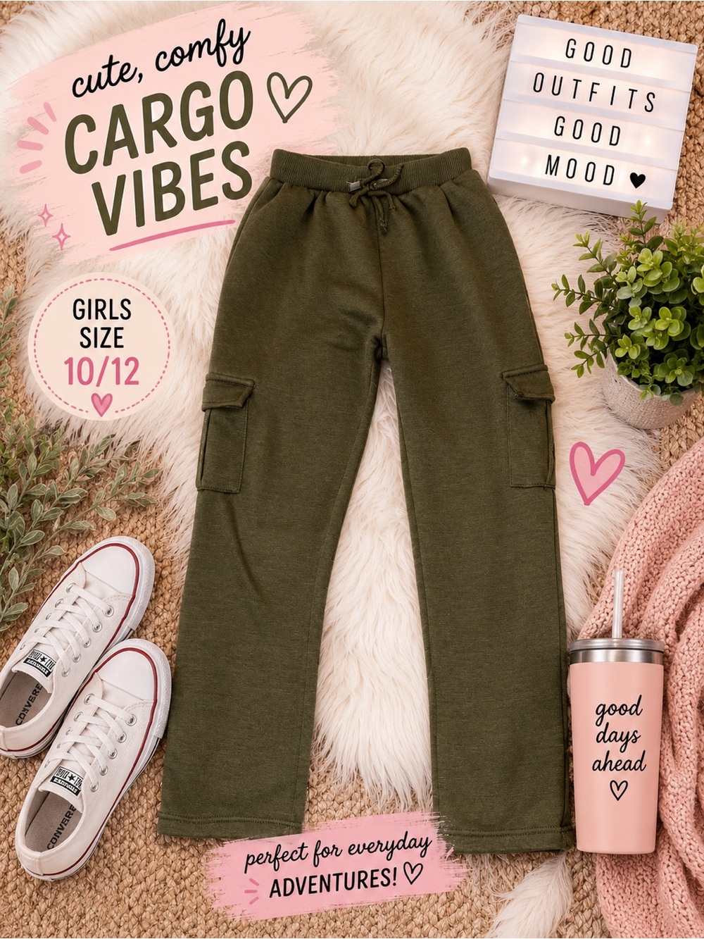Girls Olive Green Cargo Jogger Pants - Kids Bottoms